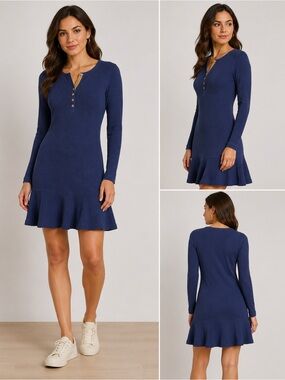 ✨LRL.Lauren Jeans Co.Blue Navy Waffle Knit Dress Ruffle Size S